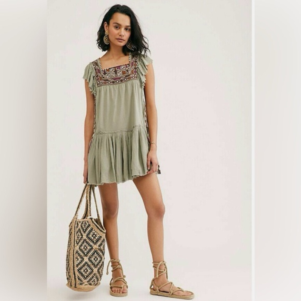 Free People Day Glow Boho Embroidered Mini Dress Women’s Medium Spanish Moss